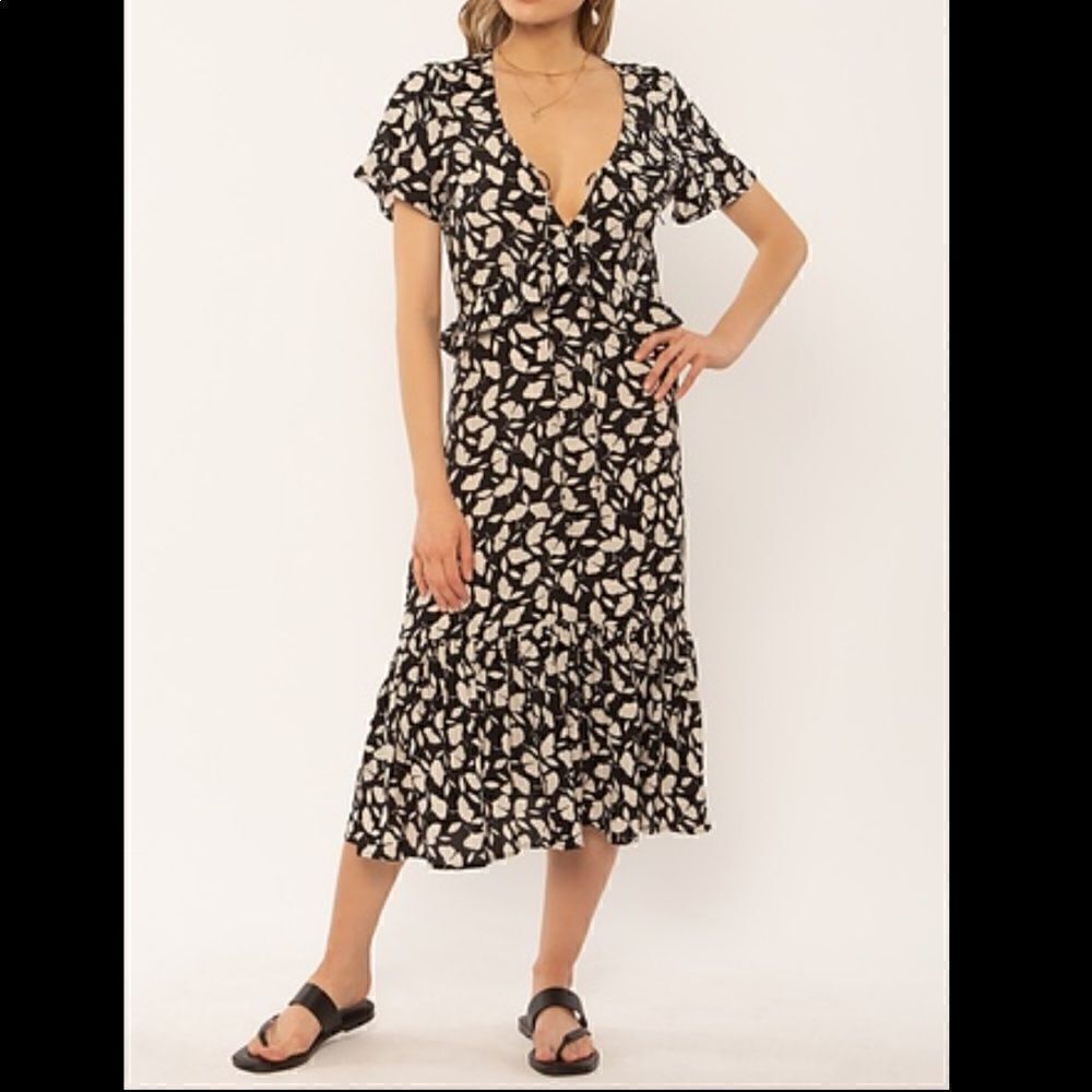 AMUSE SOCIETY Black White Floral print Midi Dress VIscose